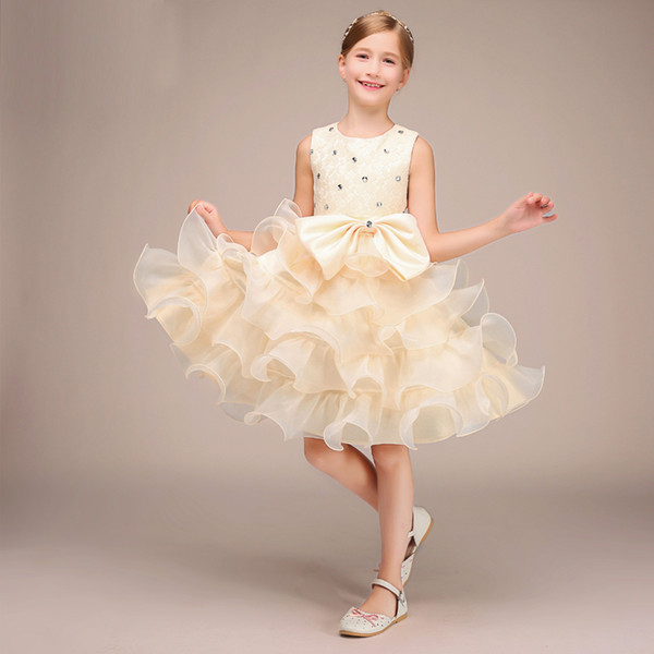 Fashion Ball Gown Knee Length Girl's Dress Champagne Lace Beautiful Children Pageant Dress New Design