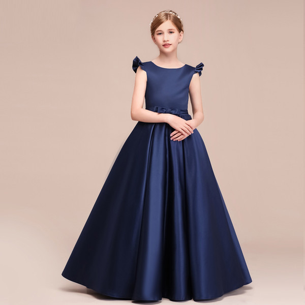 Latest Design Cap Sleeves Children's Navy Blue Dress Birthday Party A-line Design Flower Girl Gowns Free Custom Made