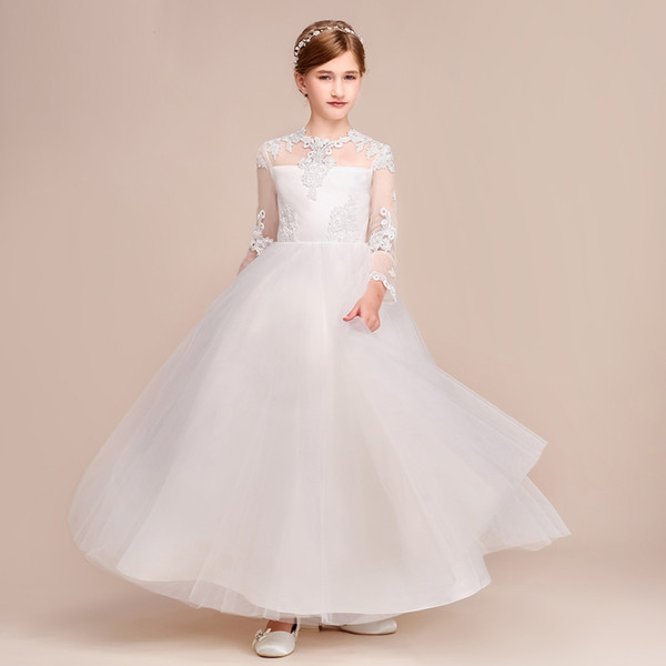 Latest Design Long Sleeves Children's Tulle Dress Birthday Party With Appliques Flower Girl Gowns 