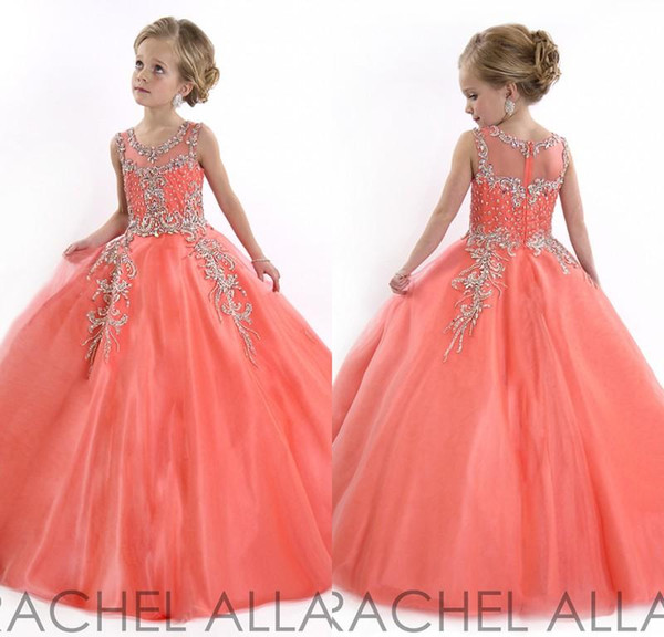 New Little Girls Pageant Dresses for Teens Princess Tulle Jewel Crystal Beading Coral Kids Flower Girls Dress Birthday gowns