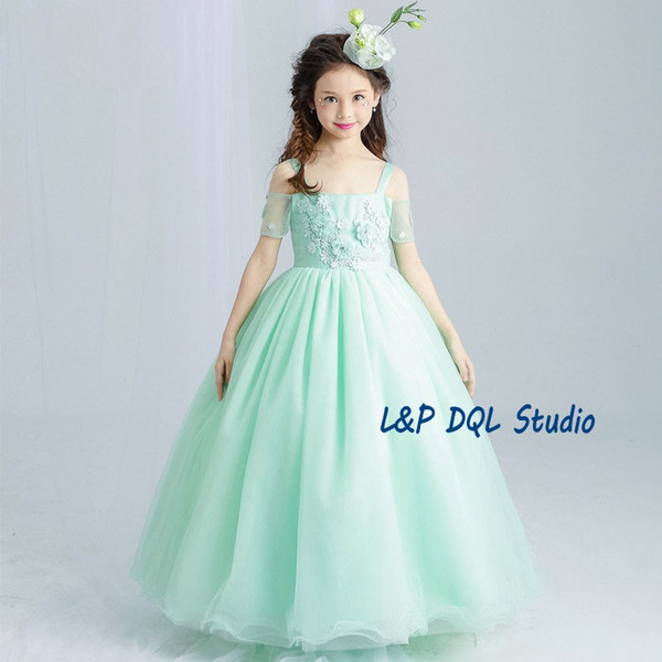 Light Green Flower Girls Dresses White Girls Party Dresses Scoop Sleeveless Zipper Back Ball Gown Flower Girls Dresses Applique with Beads