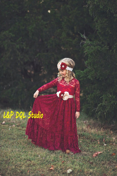 Burgundy Lace Flower Girls Dresses Long Sleeve Floor-Length Lace Girls Party Dresses Rustic Style Lace Girls Dresses Garden Style Cheap