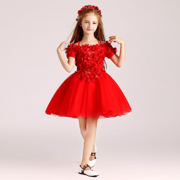 2017 Red Knee Length Flower Girls Dresses Ball Gown Organza with Applique Hand Made Flowers Cheap girls Pageant Dress Cheap Red,White,Black