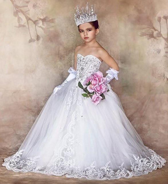 Luxury Crystal Flower Girls' Dresses for Weddings With Lace Bow Summer Communion Dress Kids Formal Wear Sweep Train Pageant Gowns For Girl