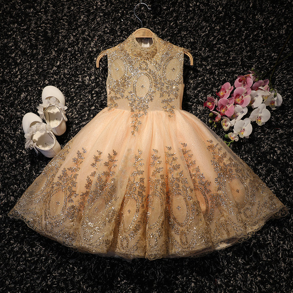 2017 Sparkling Ball Gown Gold Flower Girls Dresses High neck Sleeveless Zipper Back Pleats Tulle with Sparkling Sequins Girls Pageant Dress