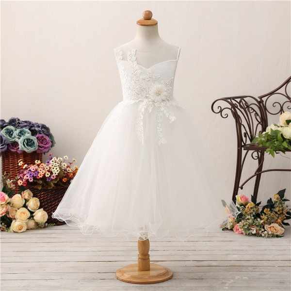 New Arrival Flower girls Dresses Tea Length Girls Pageant Dresses Soft Tulle with Floral Applique Pearls Cheap