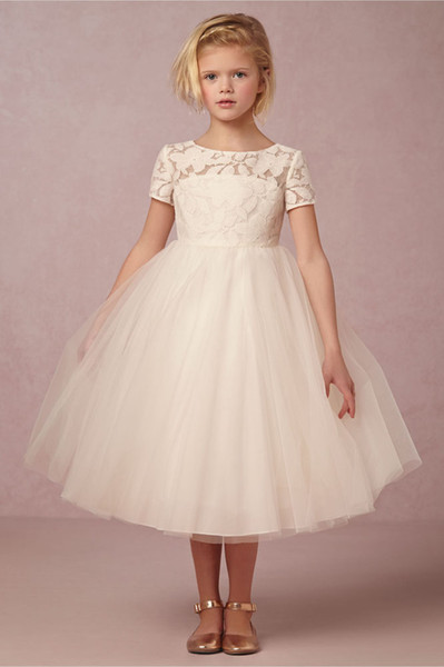 Beige Flower Girls Dresses Short Sleeve Ball Gown Pleats Tulle girls Party Dresses Summer Style Cute Girls Party Dresses Cheap