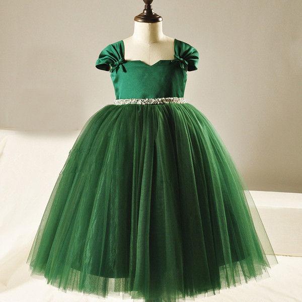 Dark Green Flower Girls Dresses Shining Sash Tea Length Girls Party Dress Satin with tulle Ball Gown Flower Girls Dress