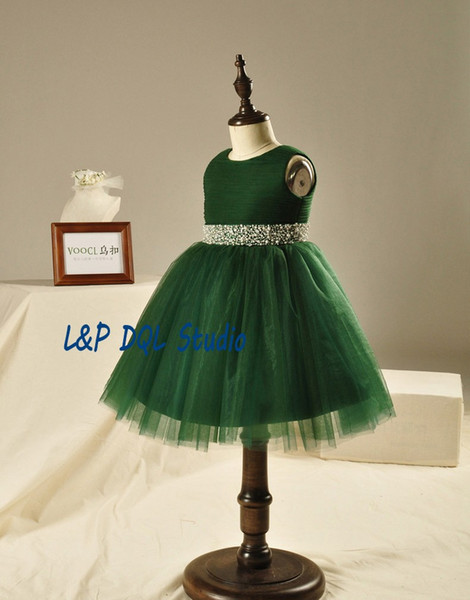 Tea-Length Flower Girls Dresses Dark Green Ball Gown Girls Pageant Dresses with Sparking Sash Crystal with Beads Pearls Girls Party Gowns