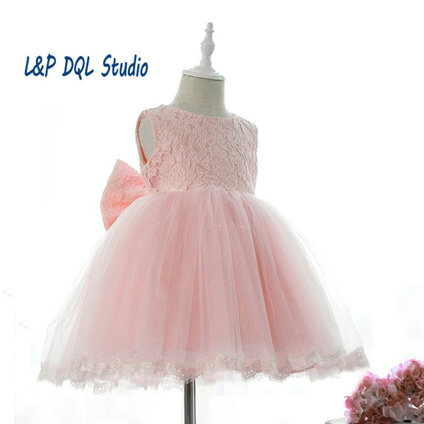 Tea-Length Pink Flower Girl's Dresses Cheap Tulle Lace Real Pictures Flower Girls Dresses Real Pictures 2017 New Arrival Free Shipping