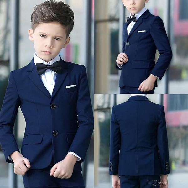 Navy Blue 2 Pieces Boys Suit Formal Wear Custom Made Slim Fit Boy Wedding Suit (Jacket + Pants)