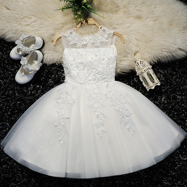 2017 Knee Length Flower Girls Dresses Ball gown Soft Tulle Applique Zipper Back Cheap party Dress Ivory,Champagne,Blue