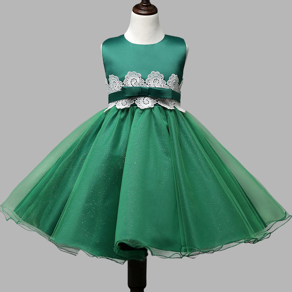 2017 New Arrival Dark Green Flower girls Dresses Satin with Lace Zipper Back Knee Length Girls Party Dresses White,Red,Pink,Blue Cheap