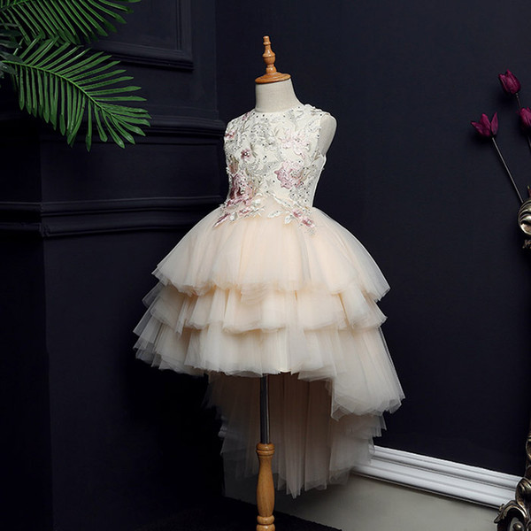 Light Champagne Ball Gown Flower Girl Dresses Zipper Back Layers Tulle with Embroidery Beads Girls Party Dresses 