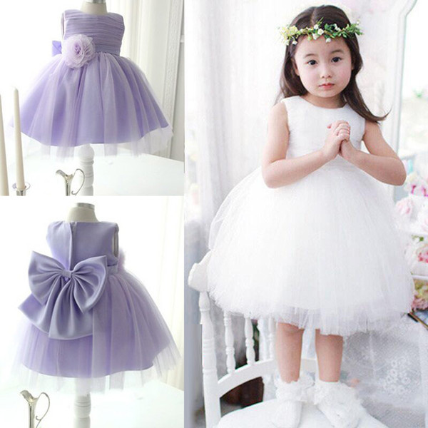 lovely Cheap Flower girls Dress In Stock Ivory,Light Purple Knee Length Ball Gowns Girls Party Dress with Bow and hand made flower