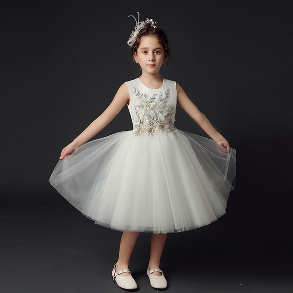 tea length ivory flower girl dresses applique with beads zipper back cheap flower girls dresses