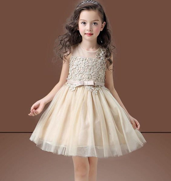 2017 Beautiful Champagne Flower Girls Dresses Pleats Tulle with Floral Lace Pearls Zipper Back Flower Girl's Dress Cheap