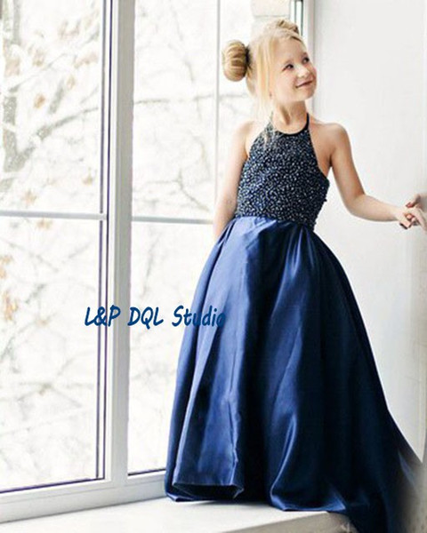 Stunning Royal Blue Flower Girls Dresses Shining Sequins Beads Backless Halter Girls Pageant Dresses Sweep Train Girls Party Dresses Cheap