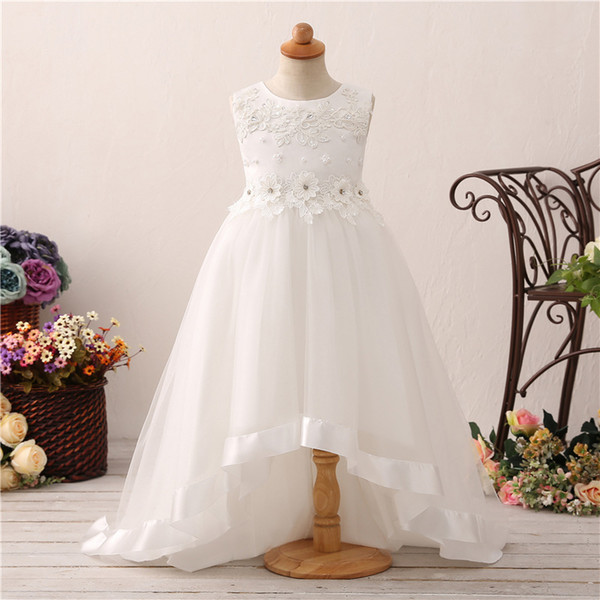 Cute Flower Girls dresses Hi Lo Ivory Girls Pagenat Dresses Lace Applique New Arrival Real Photos Cheap