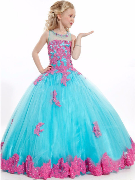 2017 Elegant Applique Flower Girl Dress Long Aqua Blue Pageant Ball Gowns for girls at Party/Girls Beautyful Girls Pageant Dresses