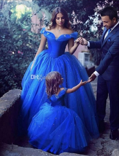 Cute Royal Blue Ball Gown Girls Pageant Dresses Off Shoulder Tulle Floor Length Infant Toddler Flower Girl Dresses