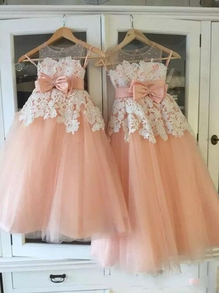 2017 Cute Flower Girl Dresses A Line Jewel Cap Sleeve Floor Length Girls Pageant Dresses With Applique Tulle Bow Sash For Wedding Party