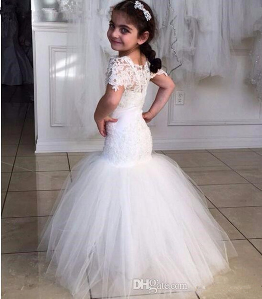 Elegant Flower Girl Dress Bateau Short Sleeve Appliqeus Lace Mermaid Floor Length Kids Flower Girls Dresses For Weddings