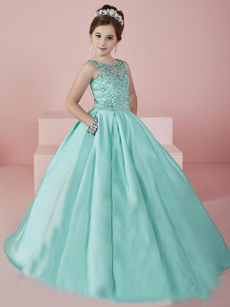 New Shinning Girl's Pageant Dresses 2017 Sheer Neck Beaded Crystal Satin Mint Green Flower Girl Gowns Formal Party Dress For Teens Kids