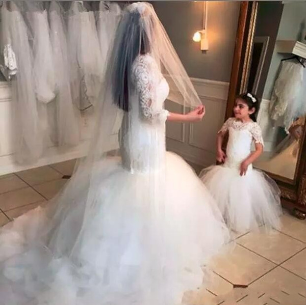 Elegant Flower Girl Dress Bateau Short Sleeve Appliqeus Lace Mermaid Floor Length Kids Flower Girls Dresses For Weddings