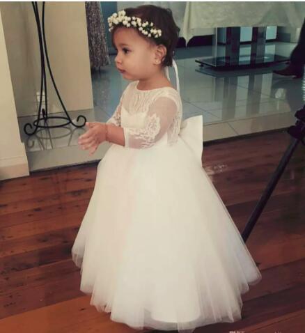 Real Princess Ball Gown Flower Girl Dresses Long Sleeve Floor Length Puffy Tulle Lace Top Kids Dress For Wedding