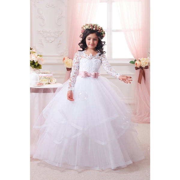 Princess Ball Gown White Lace Flower Girls Dresses 2017 For Weddings Cheap Tulle With Belt Bow Knot Custom First Communion Dress