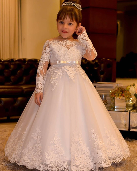 2017 Cute Off Shoulder Bateau Long Sleeves Flower Girls' Dresses With Sash Princess Lace Appliques Tulle Wedding Girls Dresses Backless Gown