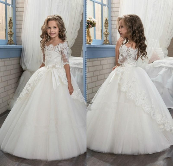 Elegant Half Sleeve Boat Neckline Holy First Communion Flower Girls Dresses 2017 Appliques Tulle Girls Pageant Dresses