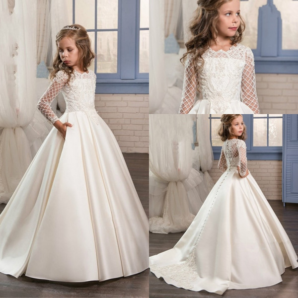 Princess Lace Sheer Long Sleeves Flower Girl Dresses Cew Neckline Floor Length First Communion Birthday Girls Pageant Gowns