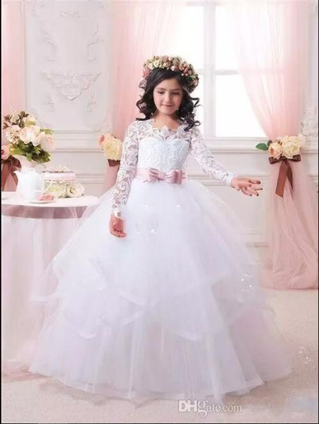 2017 Cheap White Flower Girl Dresses for Weddings Lace Long Sleeve Girls Pageant Dresses First Communion Dress Little Girls Prom Ball Gown