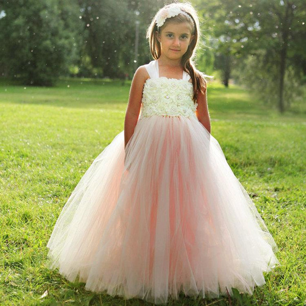 Sweet Blush Flower Girls Dresses Square Handmade Flowers Party Gowns Sleeveless Tulle Two Straps Bow Long Vintage Princess Gowns