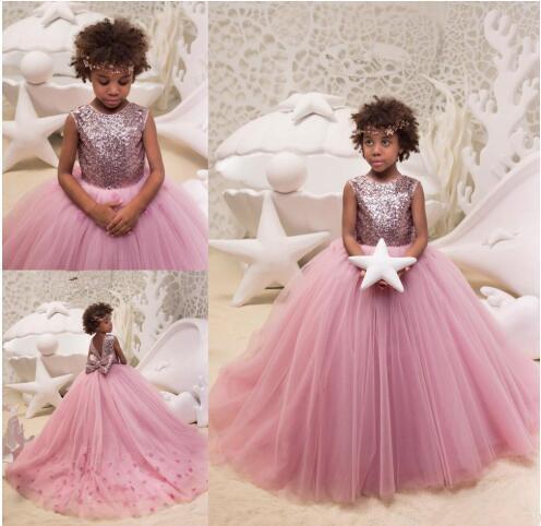 Pink Girl's Pageant Dresses Sequins Ball Gown Little Girl Birthday Party Dress With Bow Vestidos Flower Girl Dresses