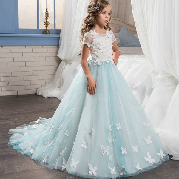 Lace Princess Baby Girl Flower Girls Dresses for Weddings Sheer Butterfly Backless Formal Girl's Communion Pageant Dresses