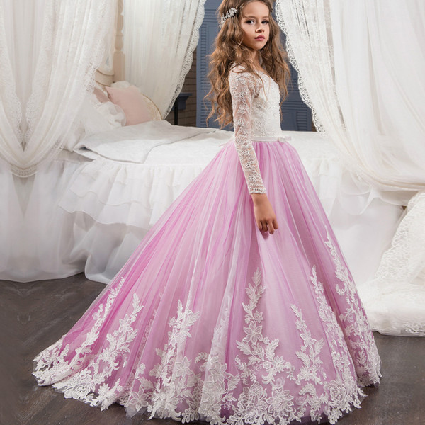 Lace Flower Girls Dresses Pink Long Sleeves A Line Long Girls Pageant Dresses Kids Birthday Christmas Party Gown