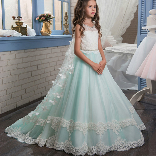 Blue and White Kids Formal Dress Crew Butterfly Appliques Long Flower Girl Dresses Girls pageant dresses with shawl