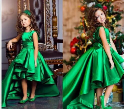 Hi Lo Green Girls Pageant Dresses Satin A Line Pleats Sash Girls Flower Girls Dresses Lovely Children Birthday Dresses Kids Formal Wear