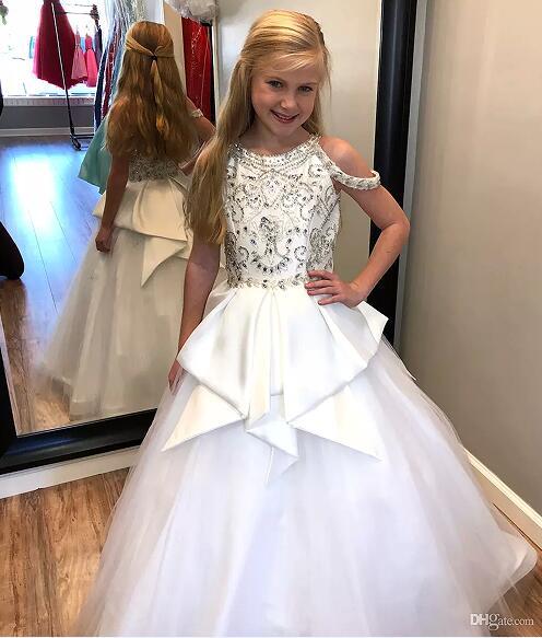 Elegant White Beaded Crystals Girls Pageant Dresses Jewel Neck Straps with Plume flower girls dresses Party Birthday Dress