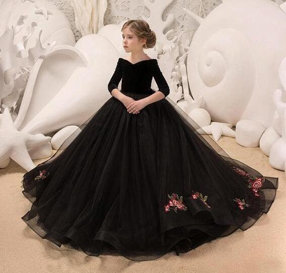 Black Flower Girl Dresses Off Shoulder Ball Gown Half Long Sleeve Girls Pageant Dress kids party gowns