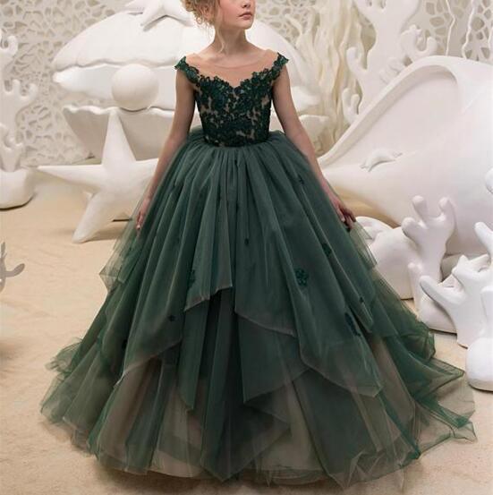 Dark Green Girls Pageant Dresses Lace Appliques Sleeveless Little Girls Birthday Party Gowns Flower Girls Dresses For Weddings