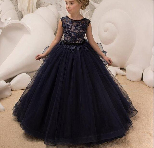 Dark Navy Princess Flower Girl Dresses Lace Appliqued Tulle Girls Pageant Gowns For Birthday Weddings Capped Sleeves