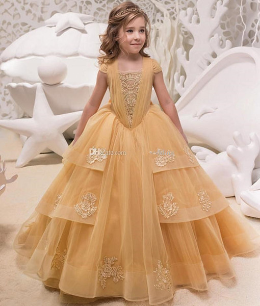 Gold Ball Gown Girls Pageant Dresses Cap Sleeves Appliques Organza Floor Length Birthday Party Dresses Sweep Train Flower girl dresses