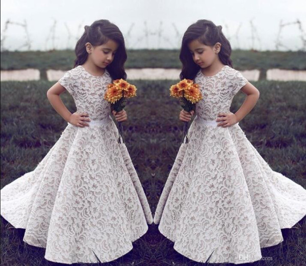 Lace Flower Girl Dresses For Wedding Vintage Jewel Short Sleeves A Line Girls Pageant Dress Kids Birthday Prom Dress Formal Wear