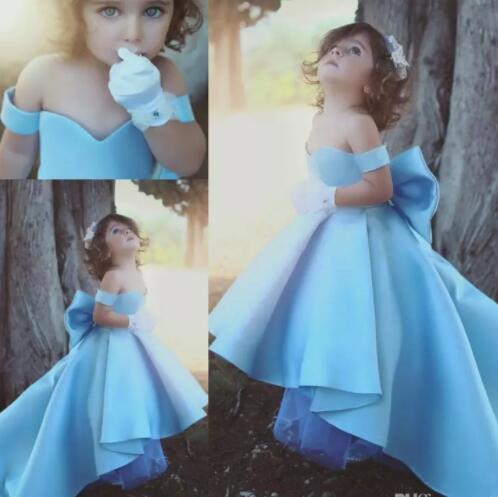 Blue Girls Pageant Dresses Off The Shoulder Children Big Bow Satin High Low Baby Flower Girl Dresses For Wedding Kids Birthday Party Gowns