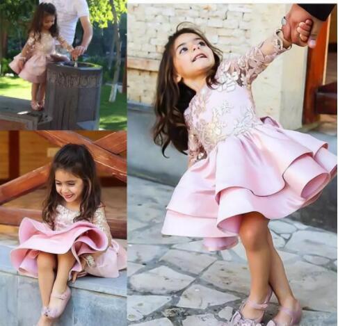 Pink Short Flower Girls Dresses For Weddings Long Sleeves Appliques Layered Satin Jewel First Communion Dress Bow Girls Pageant Gowns