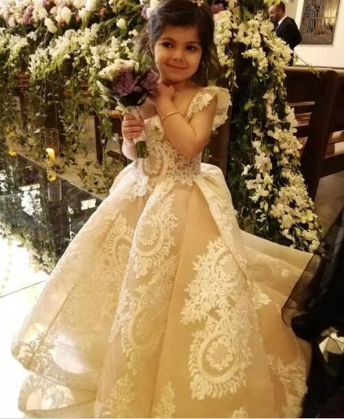 Vintage Lace Appliqued Flower Girls Dresses For Weddings Pageant Gowns A Line Sweep Train Kids Prom Dress